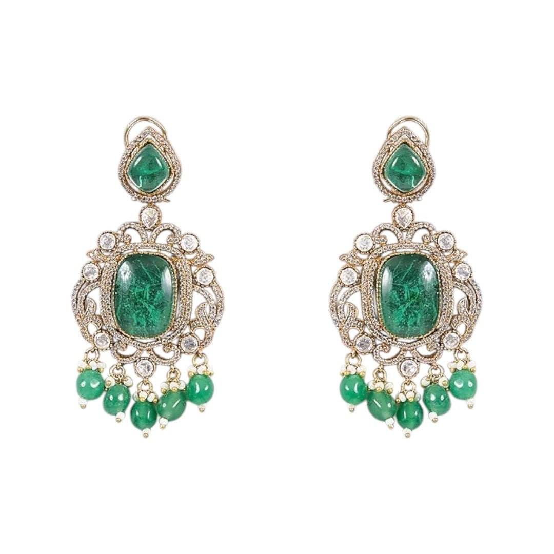 Gold-Plated Ruby Green Stone Choker Necklace Set with Drop Earrings - Auraa Trends