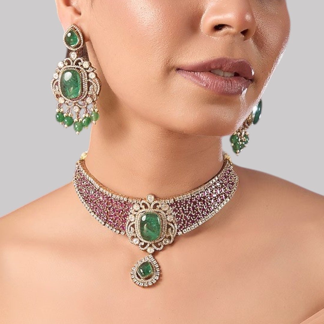 Gold - Plated Ruby Green Stone Choker Necklace Set with Drop Earrings - Auraa Trends - Necklace Set - - Auraa Trends - Woman wearing gold - plated ruby green choker necklace set with drop earrings