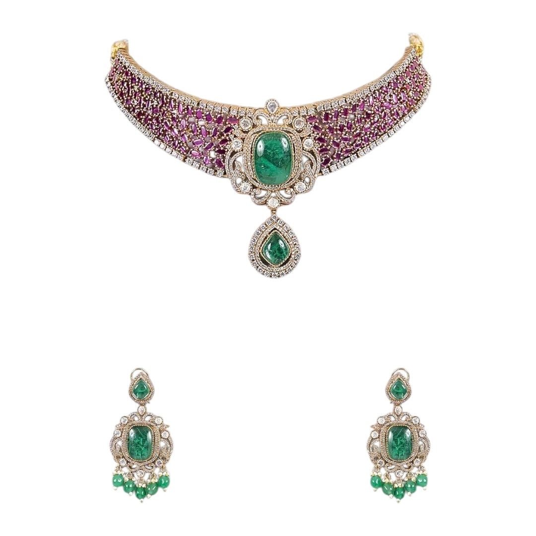 Gold - Plated Ruby Green Stone Choker Necklace Set with Drop Earrings - Auraa Trends - Necklace Set - - Auraa Trends - Woman wearing gold - plated ruby green choker necklace set with drop earrings