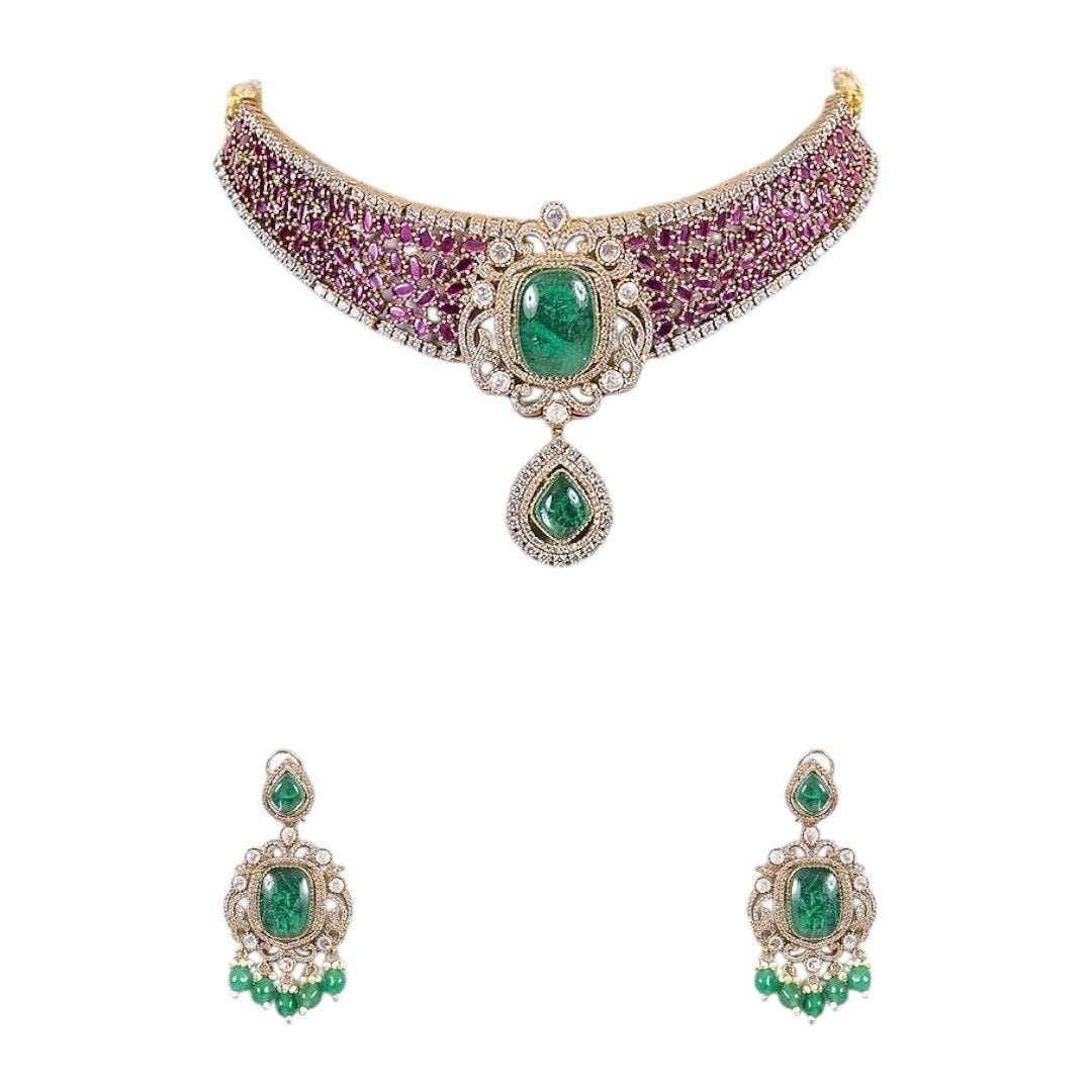 Gold-Plated Ruby Green Stone Choker Necklace Set with Drop Earrings - Auraa Trends