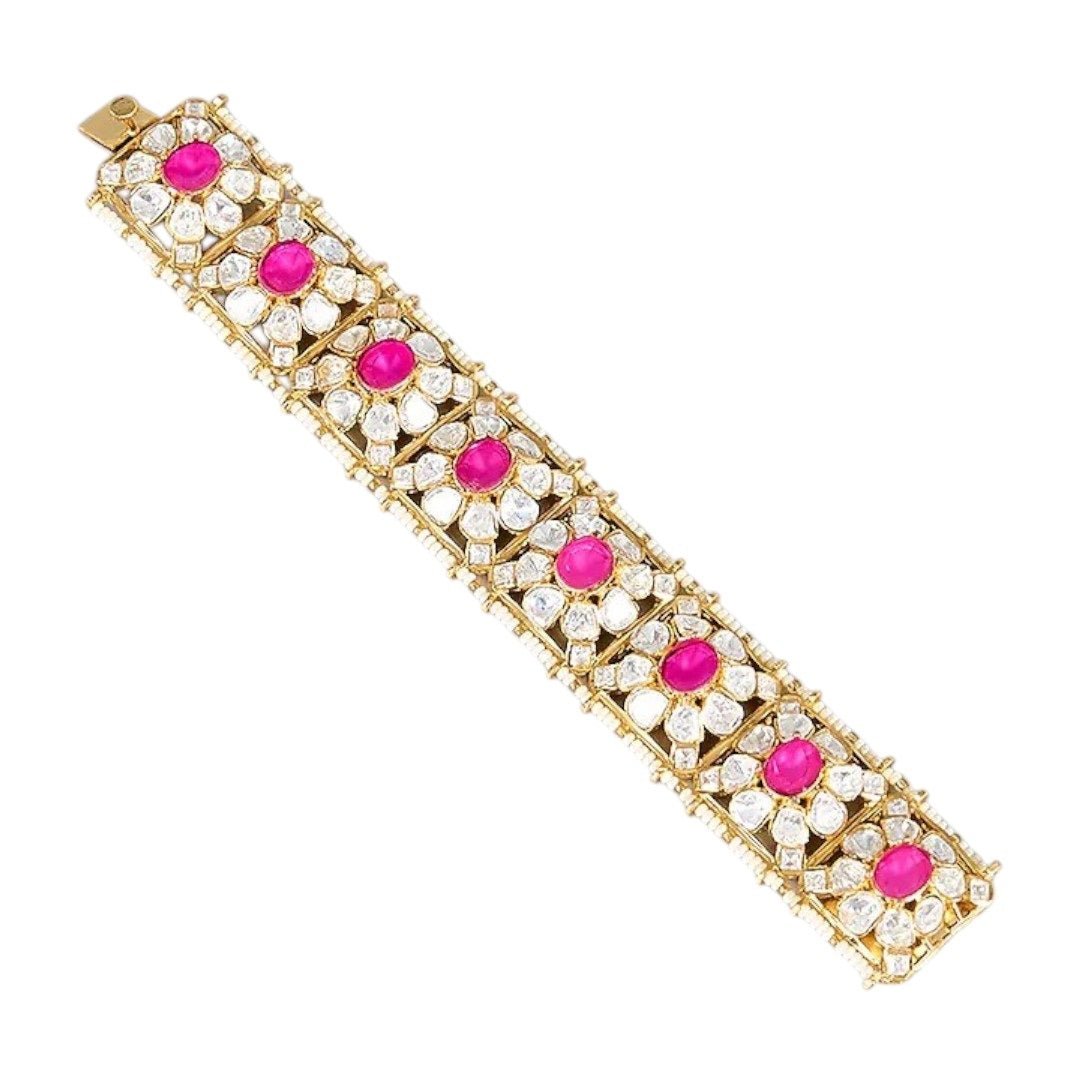 Gold - Plated Ruby & Kundan Stone Bridal Bracelet Kada for Women - Auraa Trends - Bracelet - - Auraa Trends - Woman wearing gold - plated ruby kundan bracelet kada