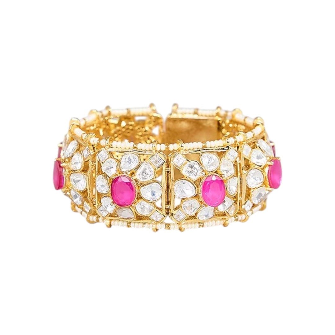 Gold - Plated Ruby & Kundan Stone Bridal Bracelet Kada for Women - Auraa Trends - Bracelet - - Auraa Trends - Gold - Plated Ruby & Kundan Stone Bridal Bracelet Kada for Women