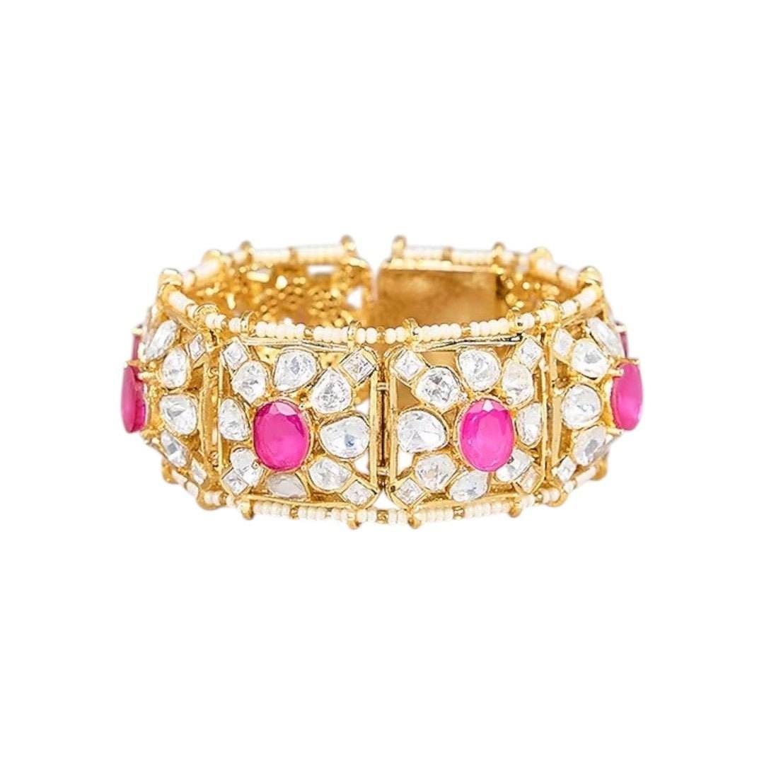 Gold-Plated Ruby & Kundan Stone Bridal Bracelet Kada for Women - Auraa Trends