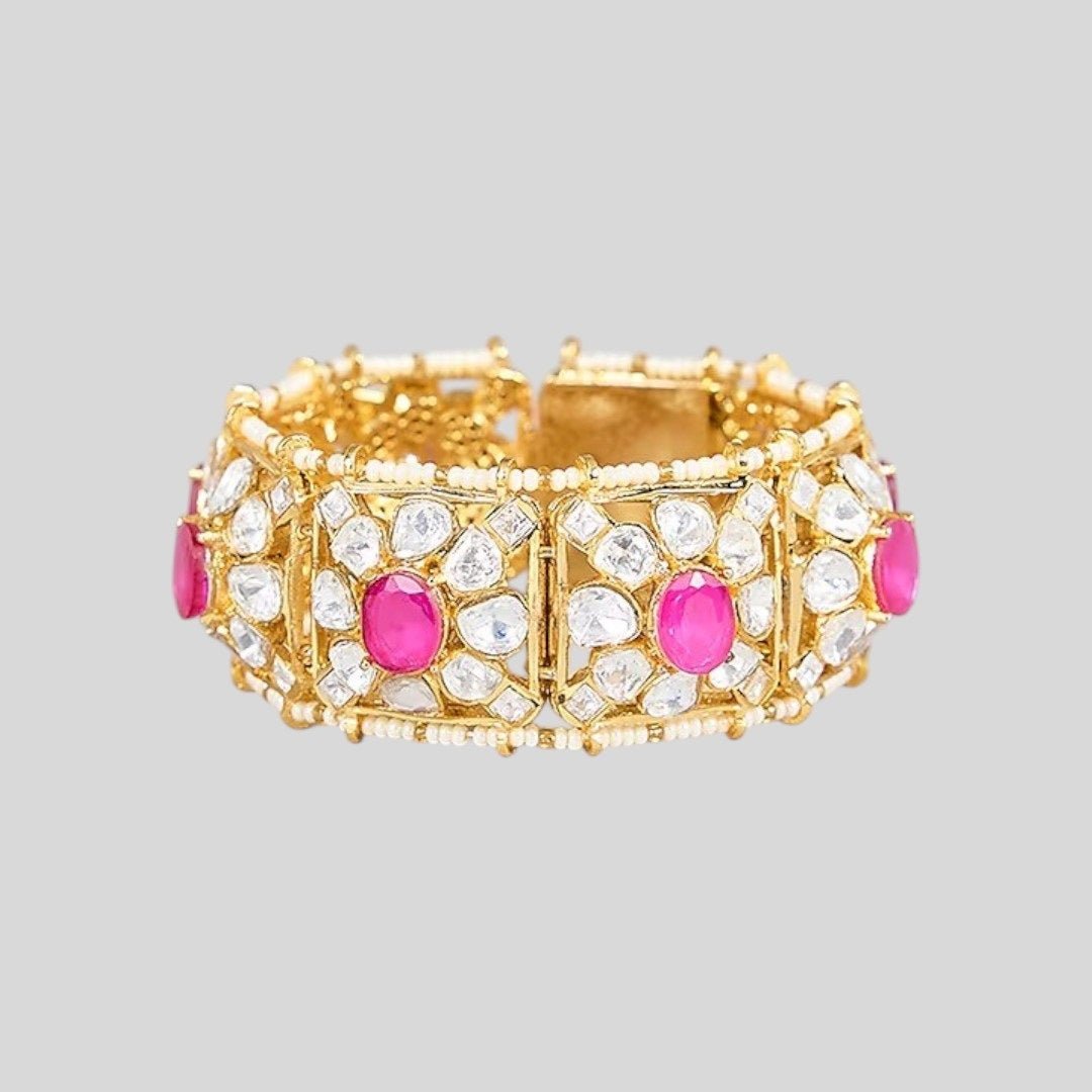 Gold - Plated Ruby & Kundan Stone Bridal Bracelet Kada for Women - Auraa Trends - Bracelet - - Auraa Trends - Woman wearing gold - plated ruby kundan bracelet kada