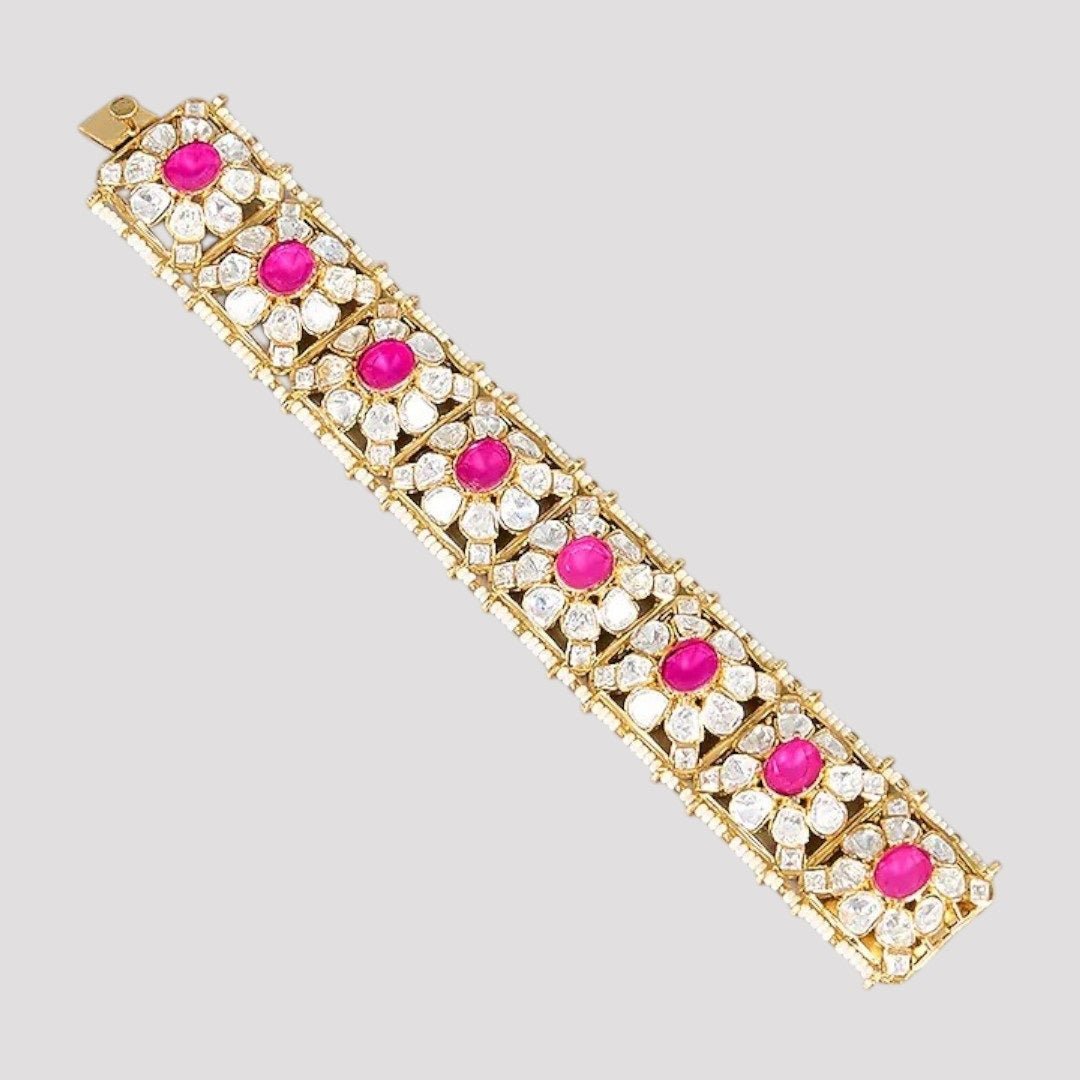 Gold - Plated Ruby & Kundan Stone Bridal Bracelet Kada for Women - Auraa Trends - Bracelet - - Auraa Trends - Woman wearing gold - plated ruby kundan bracelet kada