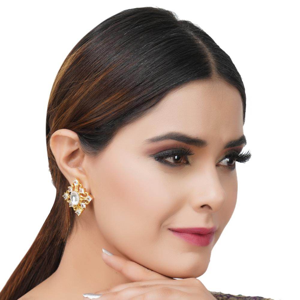 Gold-Plated Square Kundan Stud Earrings - Auraa Trends