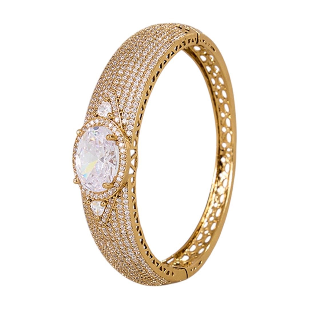 Gold - Plated Statement Bangle with Oval CZ Stone and Pave Crystal Detailing - Auraa Trends - Bangles - - Auraa Trends - Gold plated statement bangle with oval cubic zirconia and micro pave setting for party and bridal wear