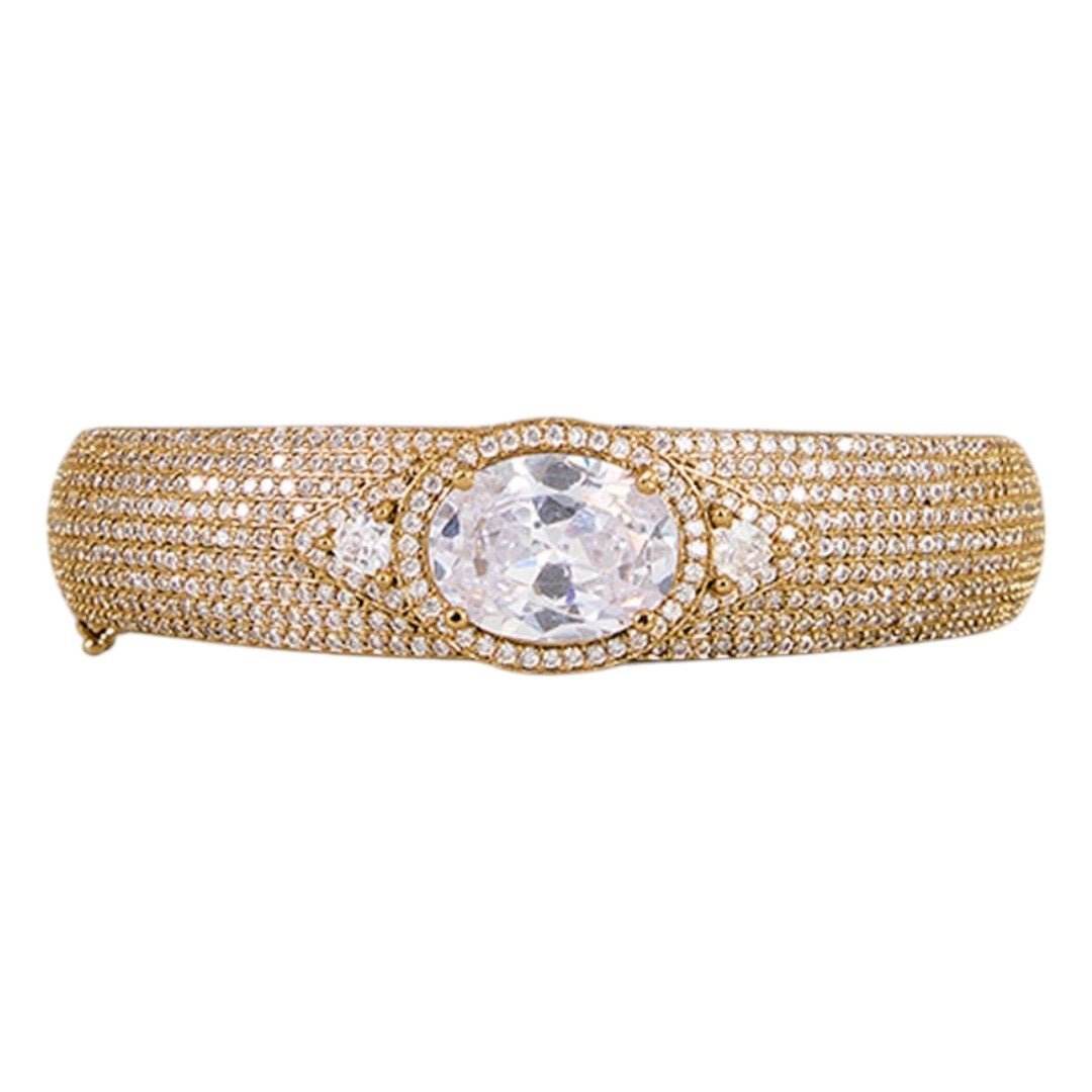 Gold-Plated Statement Bangle with Oval CZ Stone and Pave Crystal Detailing - Auraa Trends