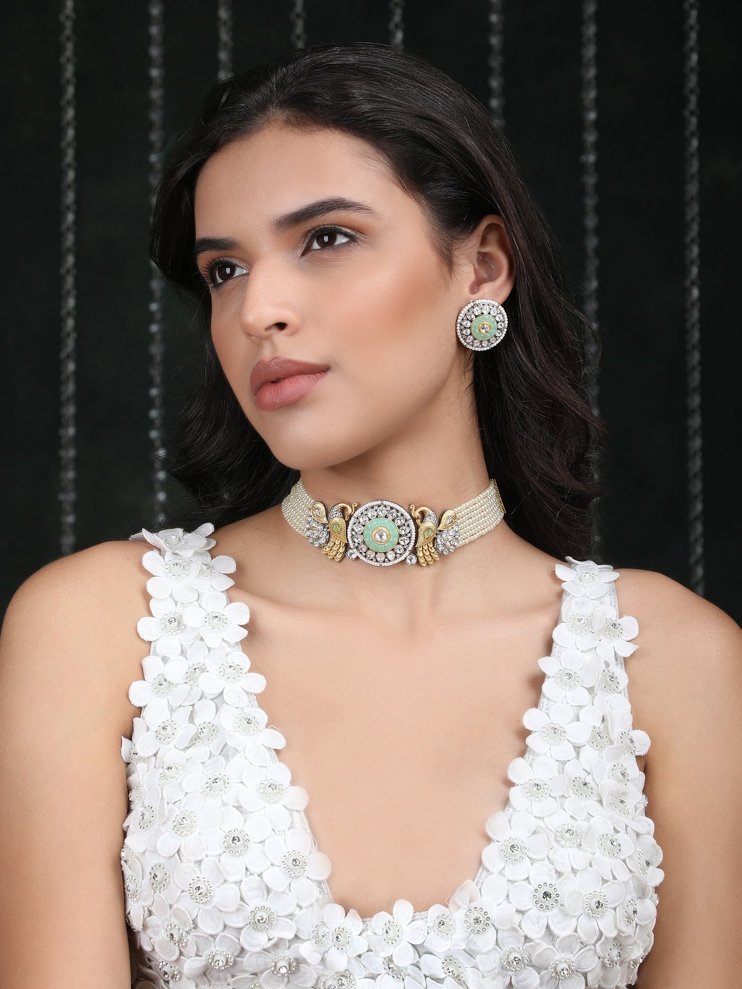 Gold-Plated Stones & Beads Studded Choker Necklace Set - Auraa Trends - Choker -Bridal Collection Choker choker set for women