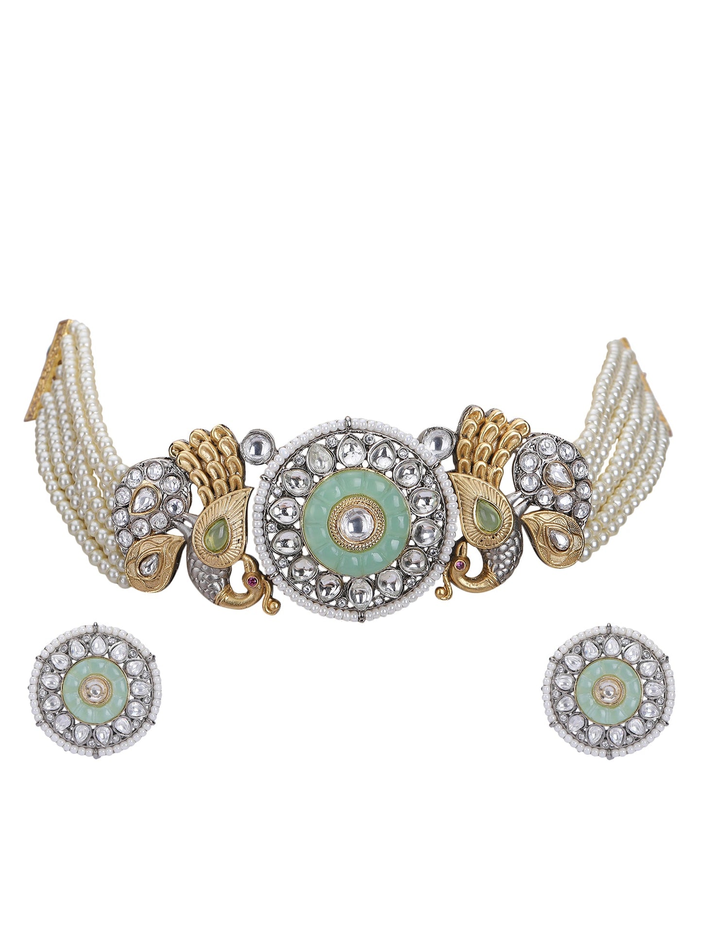 Gold-Plated Stones & Beads Studded Choker Necklace Set - Auraa Trends - Choker -Bridal Collection Choker choker set for women