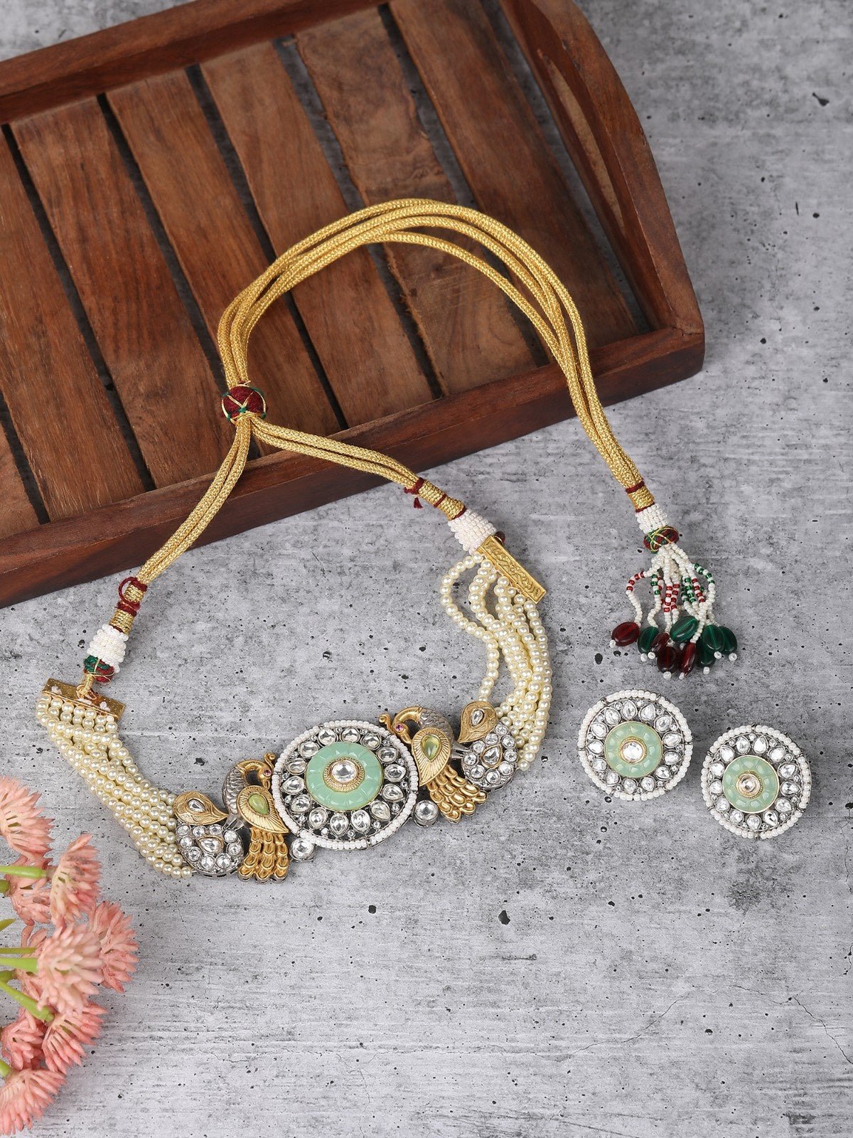 Gold-Plated Stones & Beads Studded Choker Necklace Set - Auraa Trends - Choker -Bridal Collection Choker choker set for women