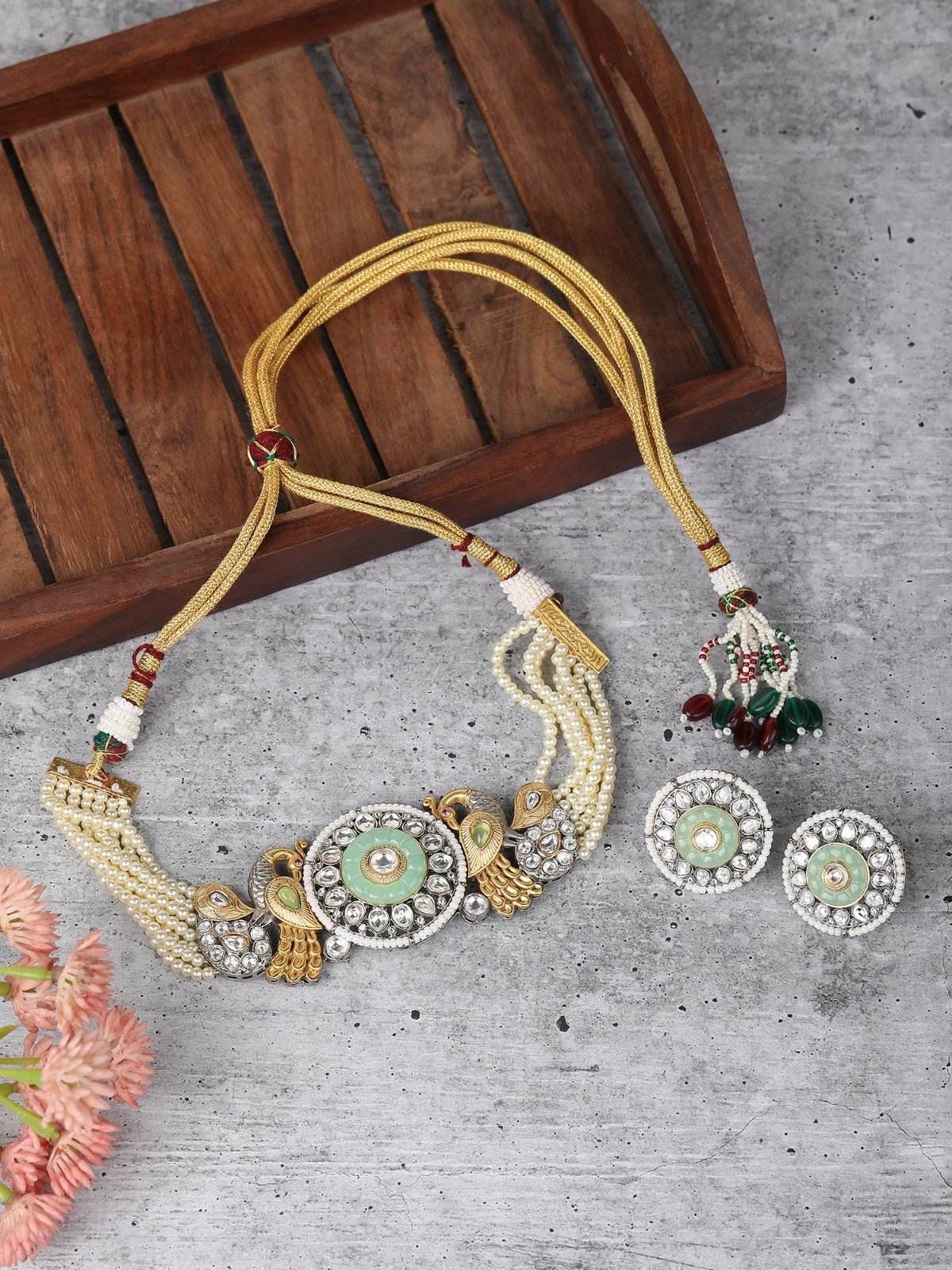 Gold-Plated Stones & Beads Studded Choker Necklace Set - Auraa Trends