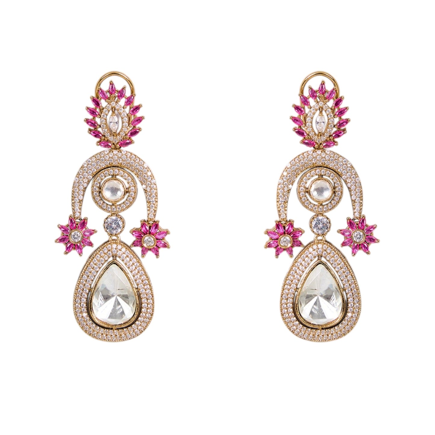 Gold - Plated Teardrop Kundan Earrings with Pink Floral Detailing - Auraa Trends - Earrings - - Auraa Trends - "Gold - plated teardrop dangler earrings with pink floral embellishments, kundan - style stones, and white CZ detailing, perfect for weddings and festive wear."