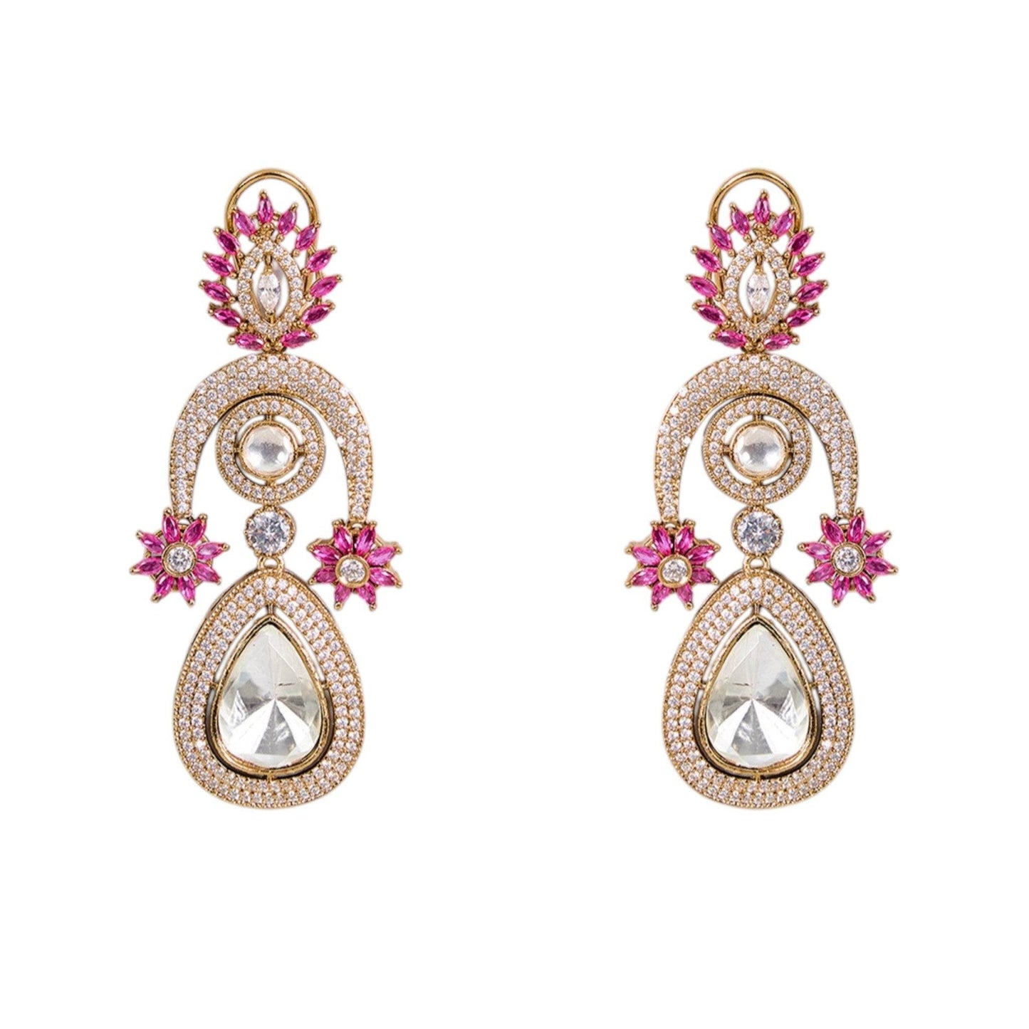 Gold-Plated Teardrop Kundan Earrings with Pink Floral Detailing - Auraa Trends