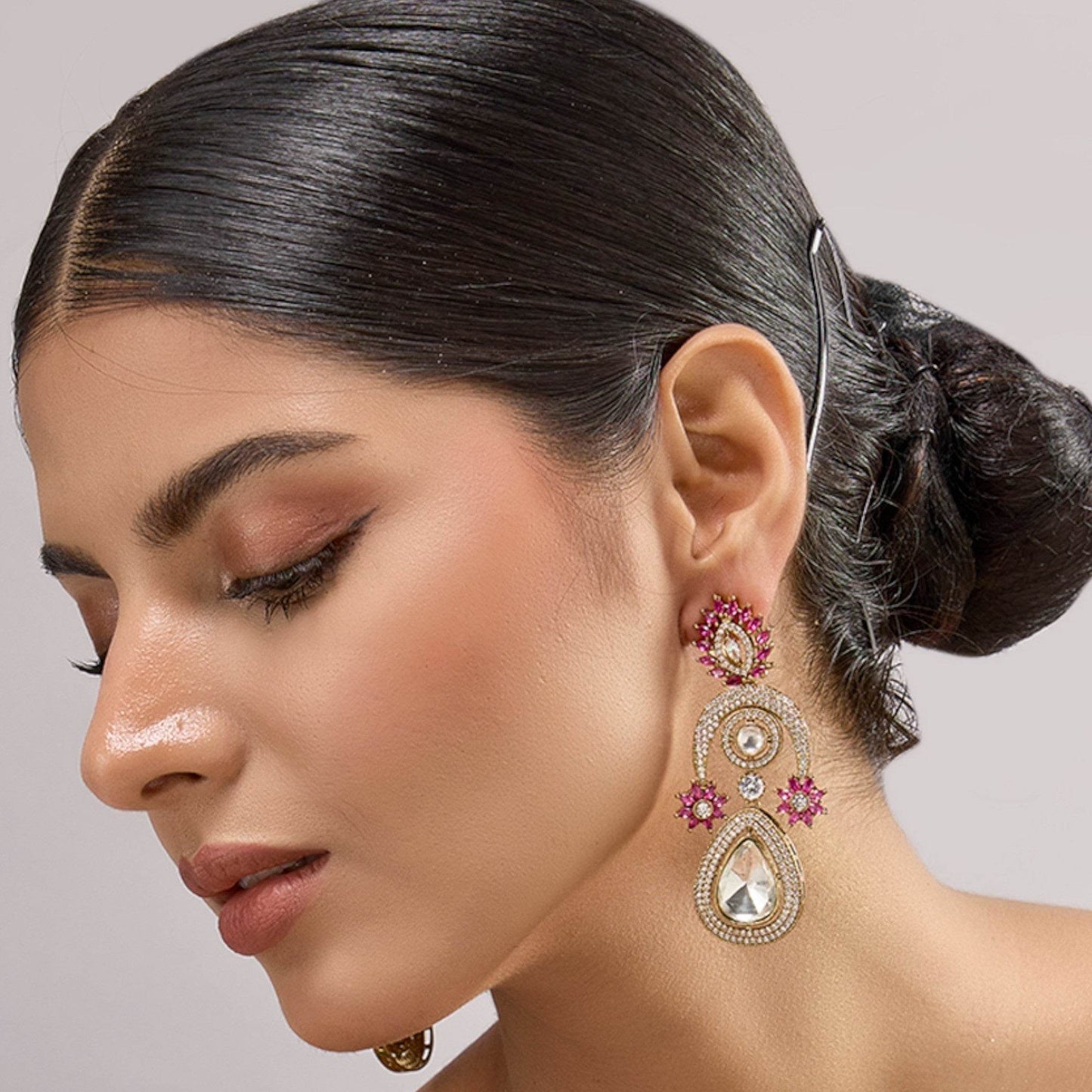 Gold-Plated Teardrop Kundan Earrings with Pink Floral Detailing - Auraa Trends