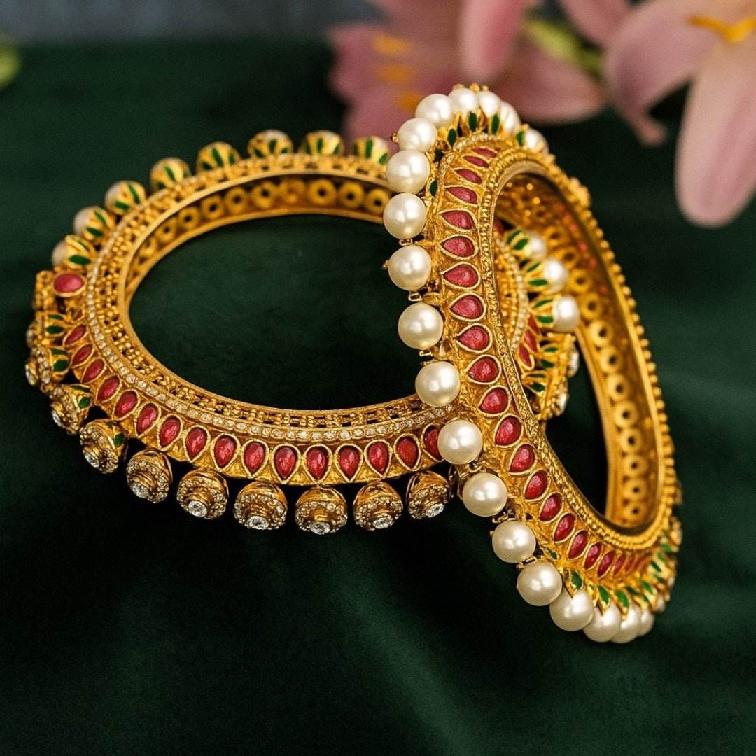 Gold-Plated Traditional Red Enamel Bangles with Pearl & Kundan Detailing - Auraa Trends