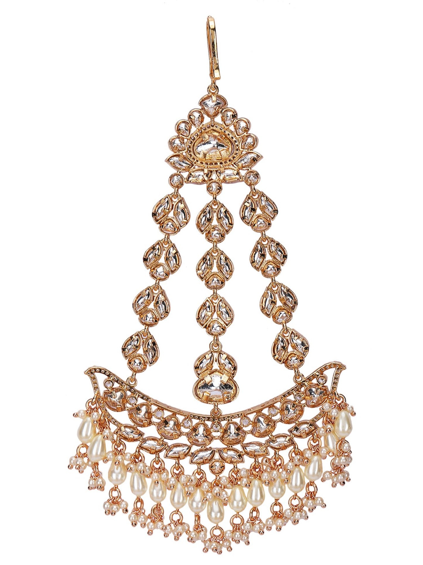 Gold - Plated White & Gold Kundan - Studded Beaded Jhoomar Passa - Auraa Trends - Passa - Gold - Plated White & Gold Kundan