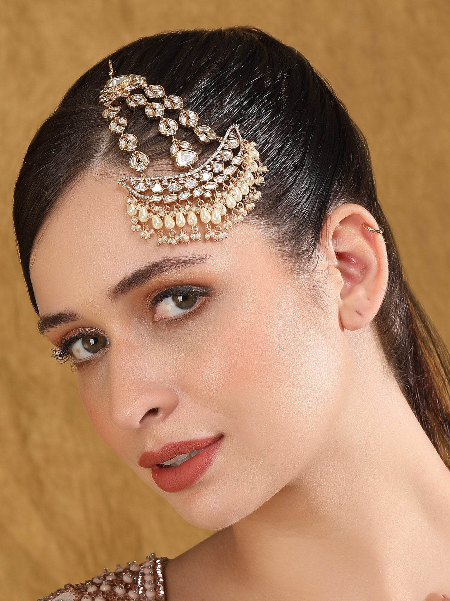 Gold-Plated White & Gold Kundan-Studded Beaded Jhoomar Passa - Auraa Trends