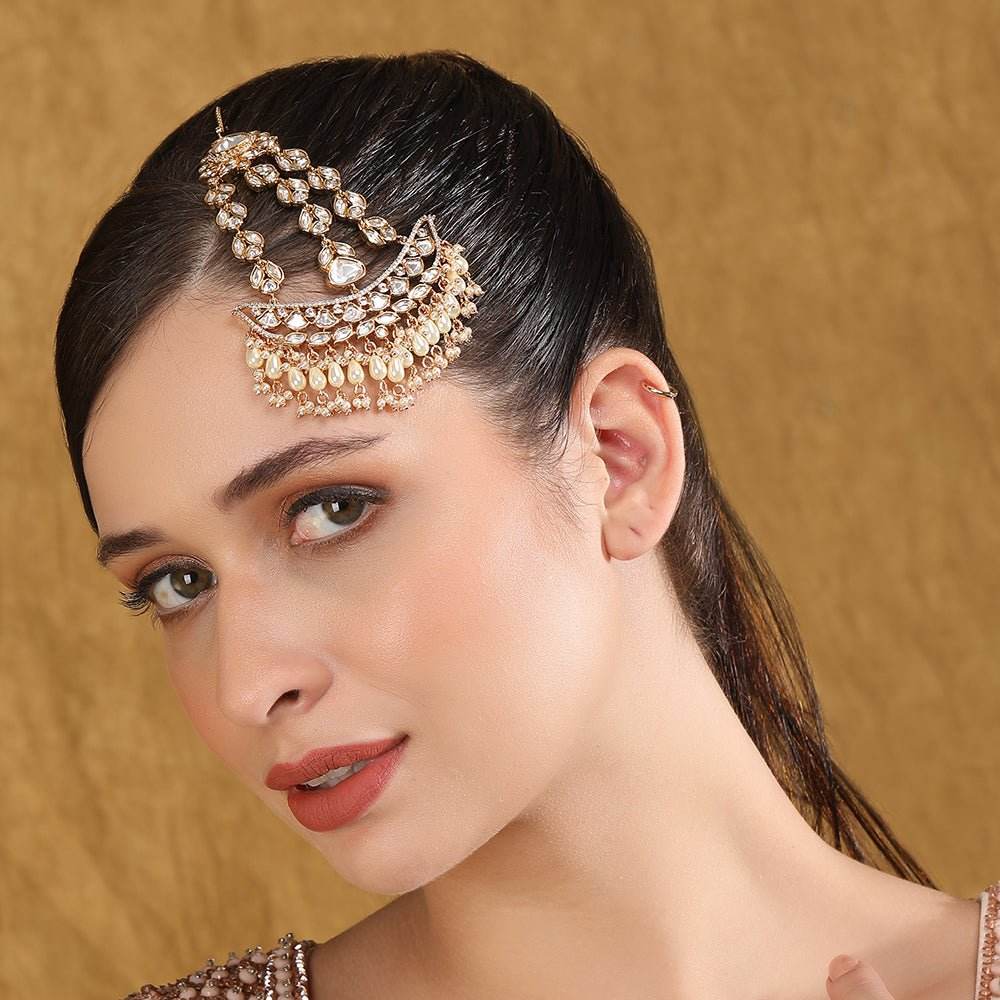 Gold Plated White & Gold Kundan-Studded Beaded Jhoomar Passa - Auraa Trends