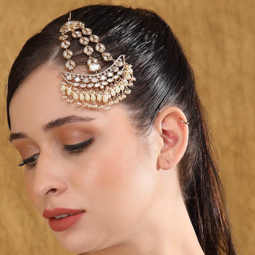 Gold Plated White & Gold Kundan-Studded Beaded Jhoomar Passa - Auraa Trends