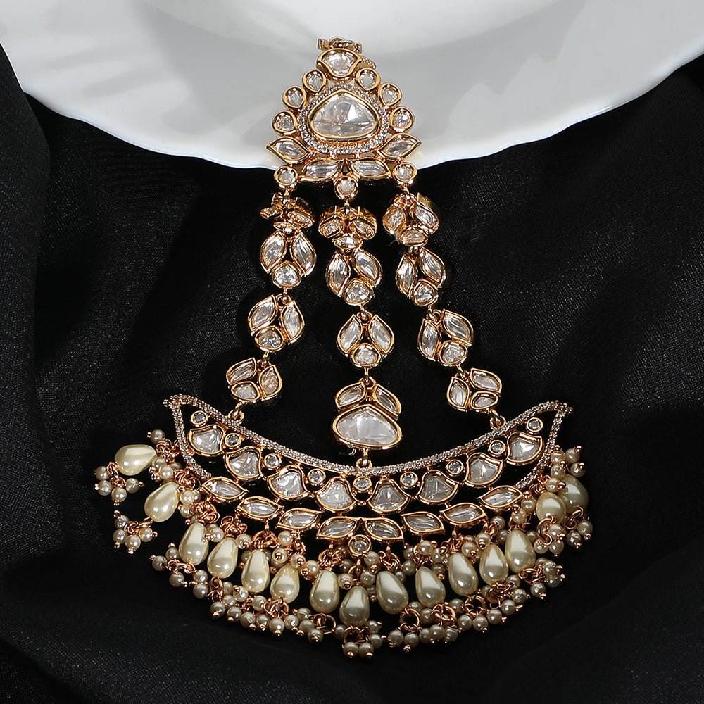 Gold Plated White & Gold Kundan-Studded Beaded Jhoomar Passa - Auraa Trends