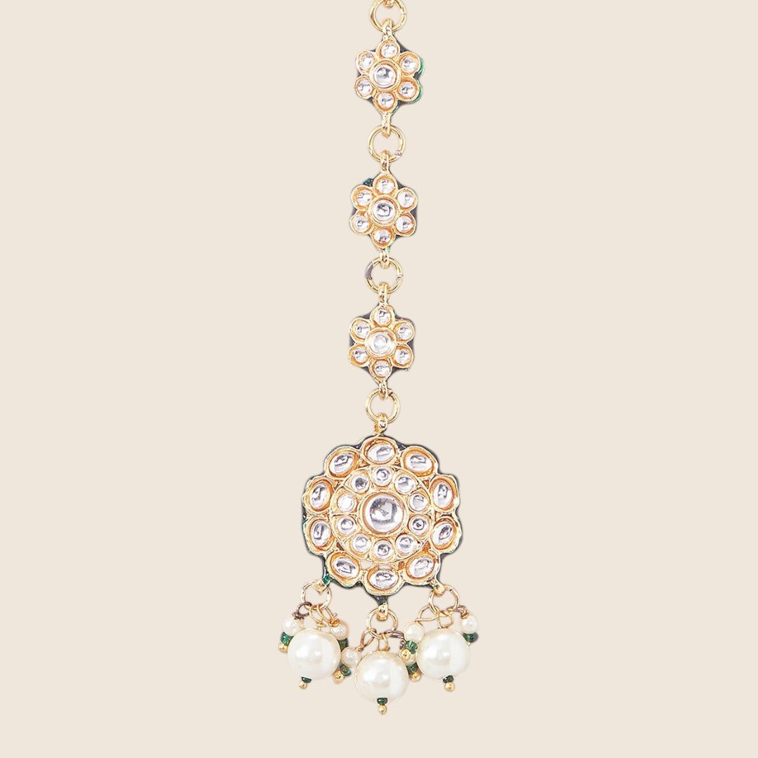 Gold Plated White Kundan Polki Earrings With Maangtikka - Auraa Trends - Maangtika - # - Auraa Trends - Gold Plated White Kundan Polki Earrings With Maangtikka