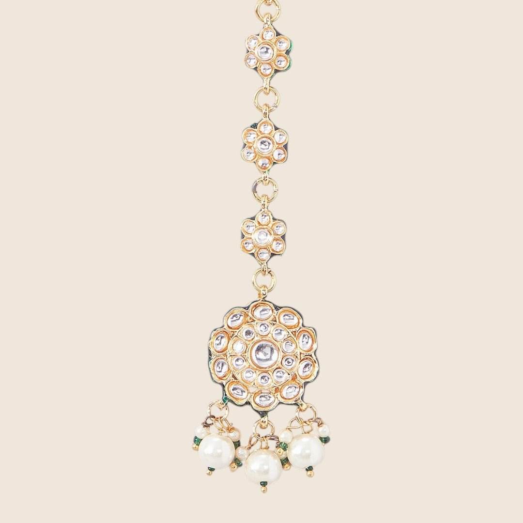 Gold Plated White Kundan Polki Earrings With Maangtikka - Auraa Trends