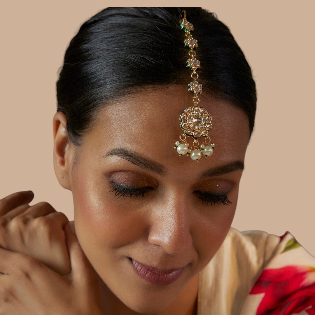 Gold Plated White Kundan Polki Earrings With Maangtikka - Auraa Trends - Maangtika - # - Auraa Trends - Gold Plated White Kundan Polki Earrings With Maangtikka