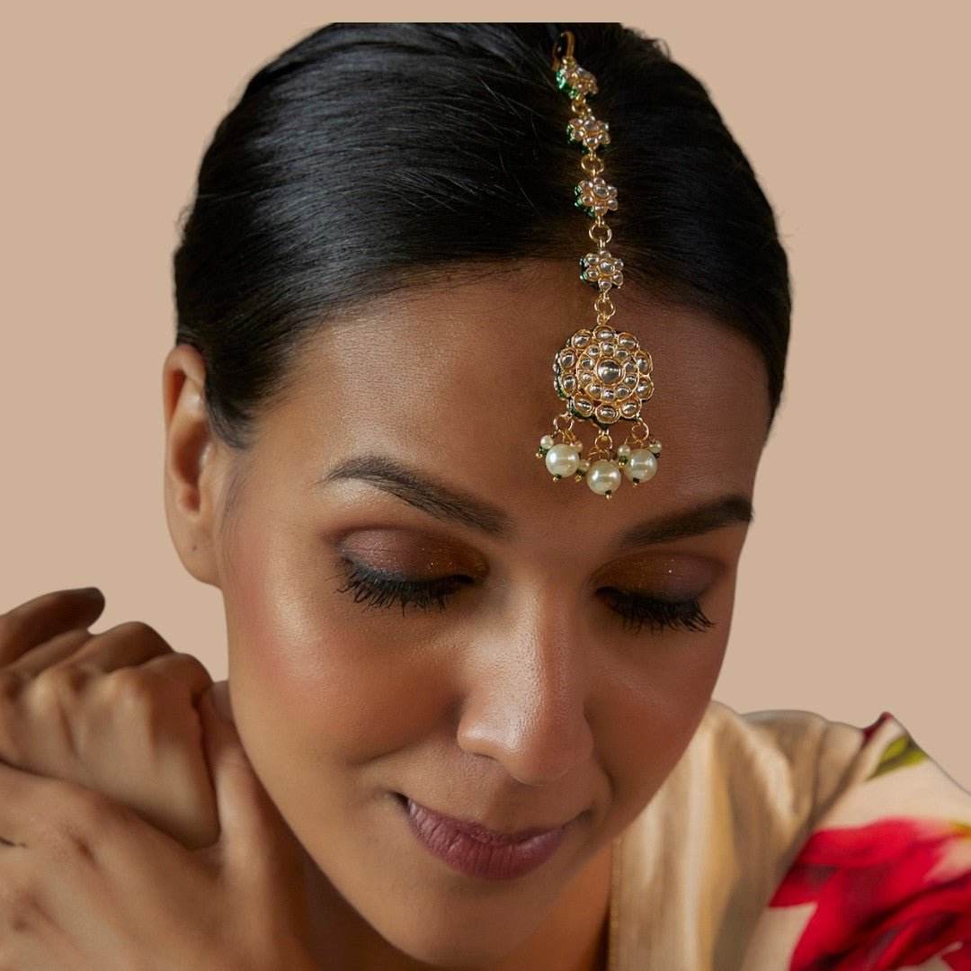 Gold Plated White Kundan Polki Earrings With Maangtikka - Auraa Trends