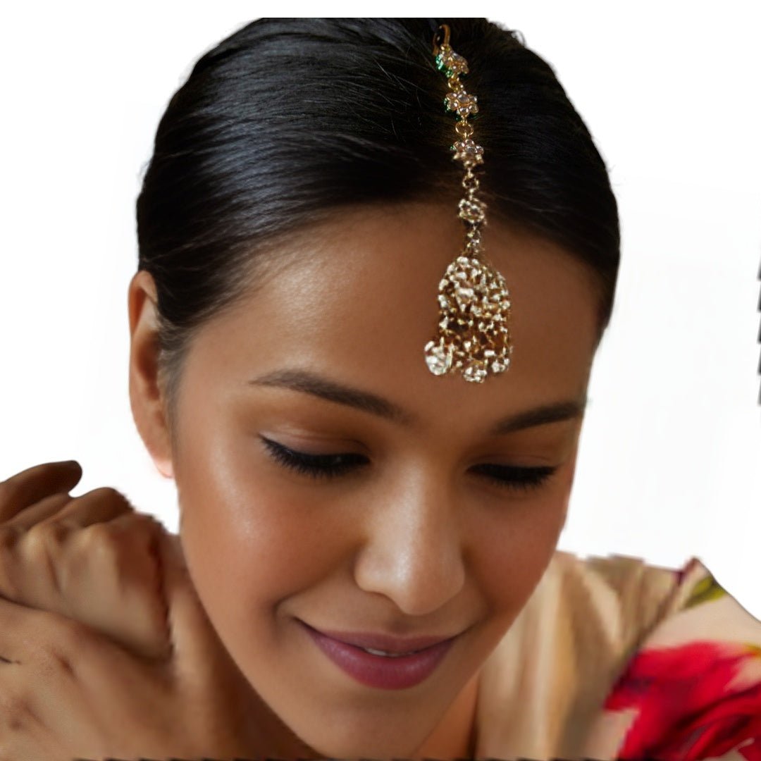 Gold Plated White Kundan Polki Earrings With Maangtikka - Auraa Trends - Maangtika - # - Auraa Trends - Gold Plated White Kundan Polki Earrings With Maangtikka