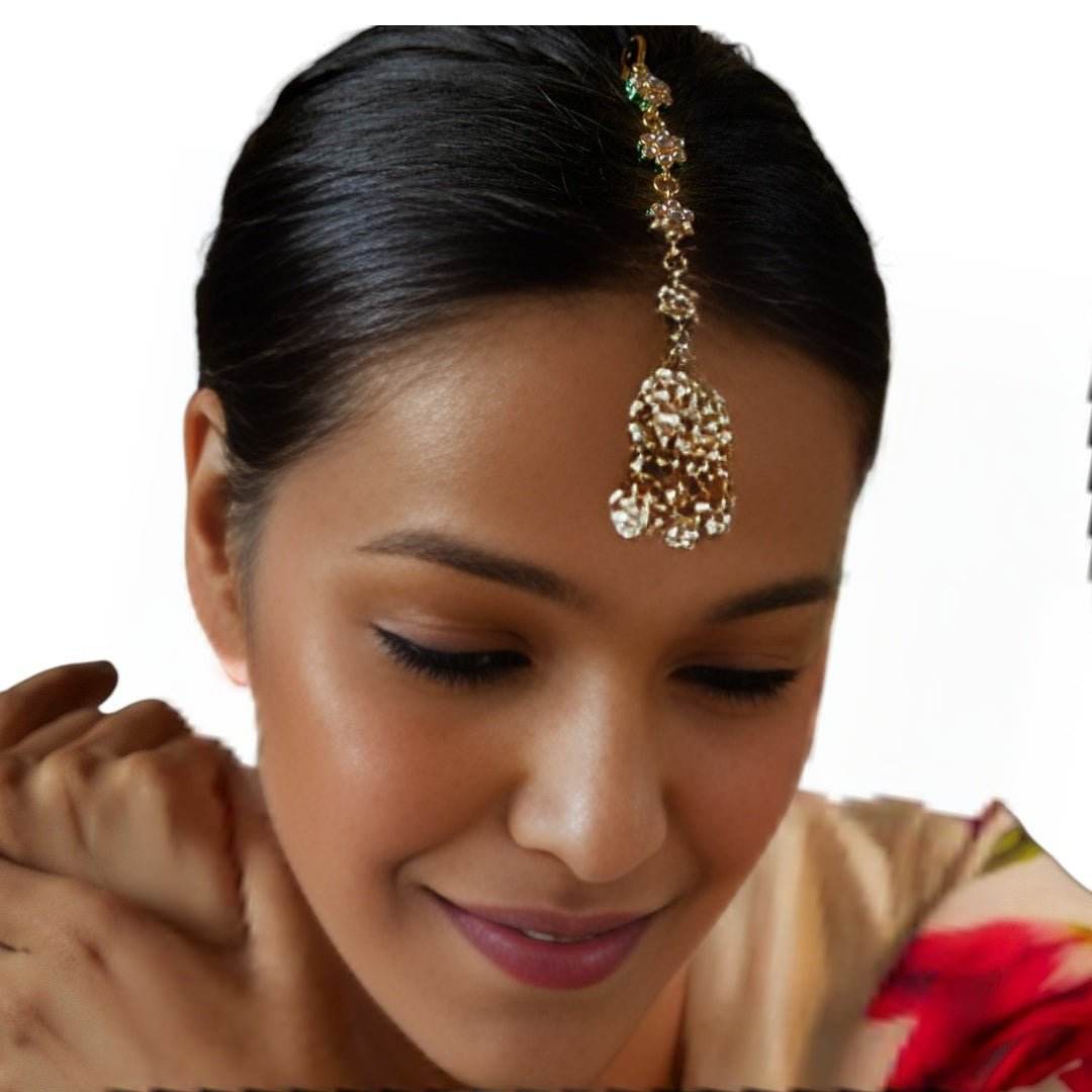 Gold Plated White Kundan Polki Earrings With Maangtikka - Auraa Trends