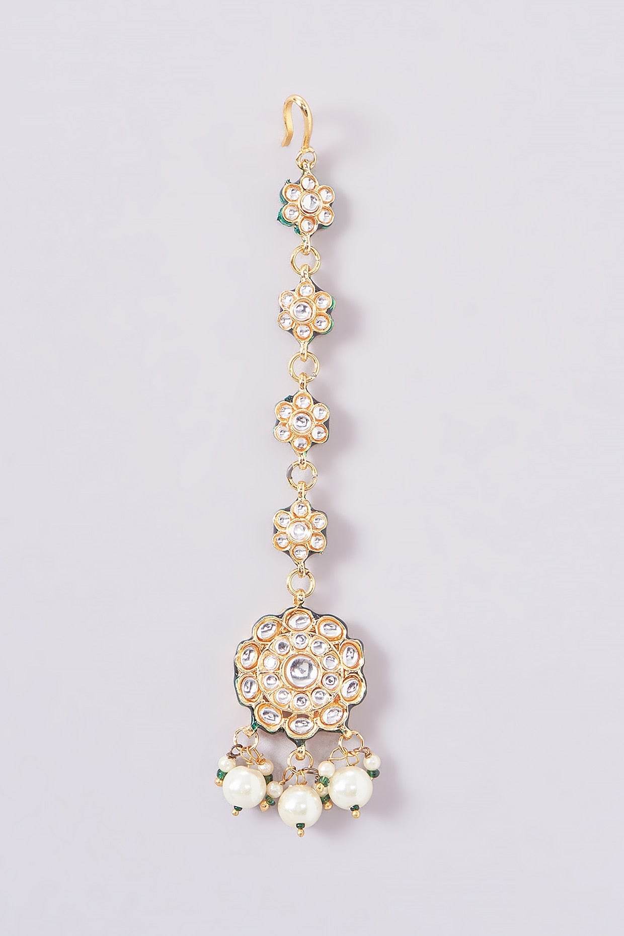 Gold Plated White Kundan Polki Earrings With Maangtikka - Auraa Trends