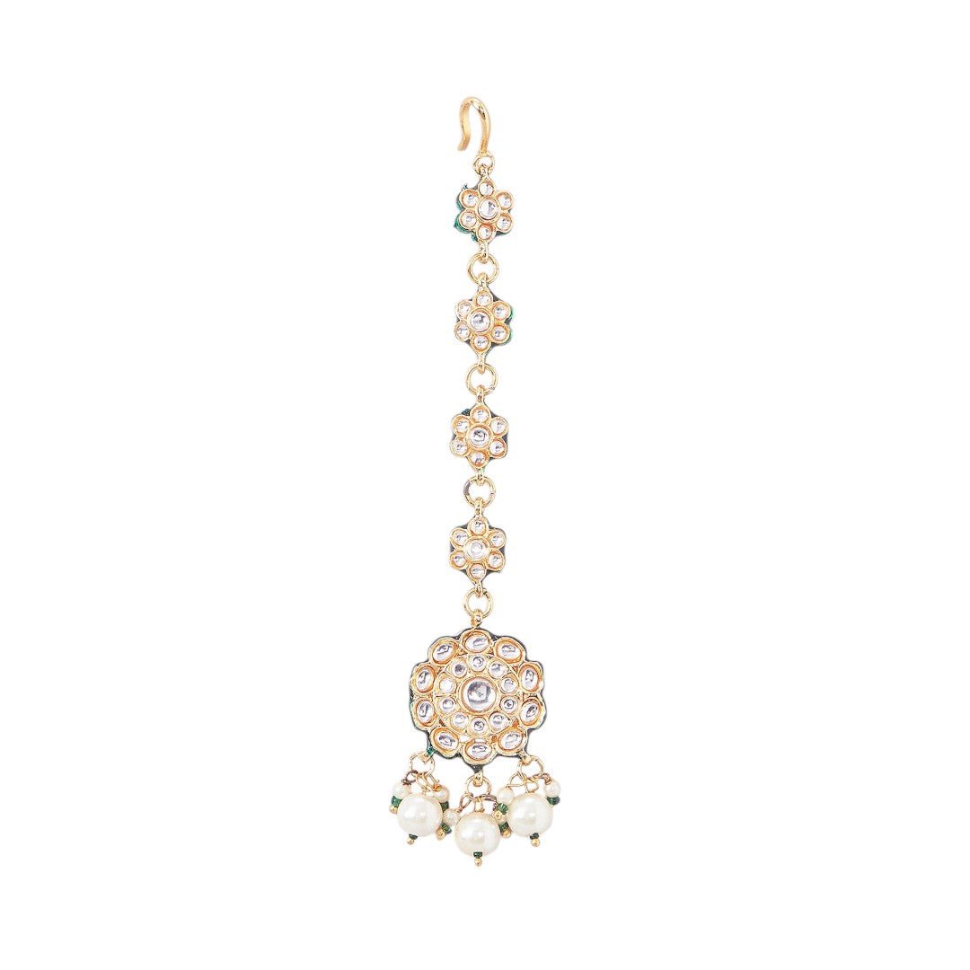 Gold Plated White Kundan Polki Earrings With Maangtikka - Auraa Trends - Maangtika - # - Auraa Trends - Gold Plated White Kundan Polki Earrings With Maangtikka