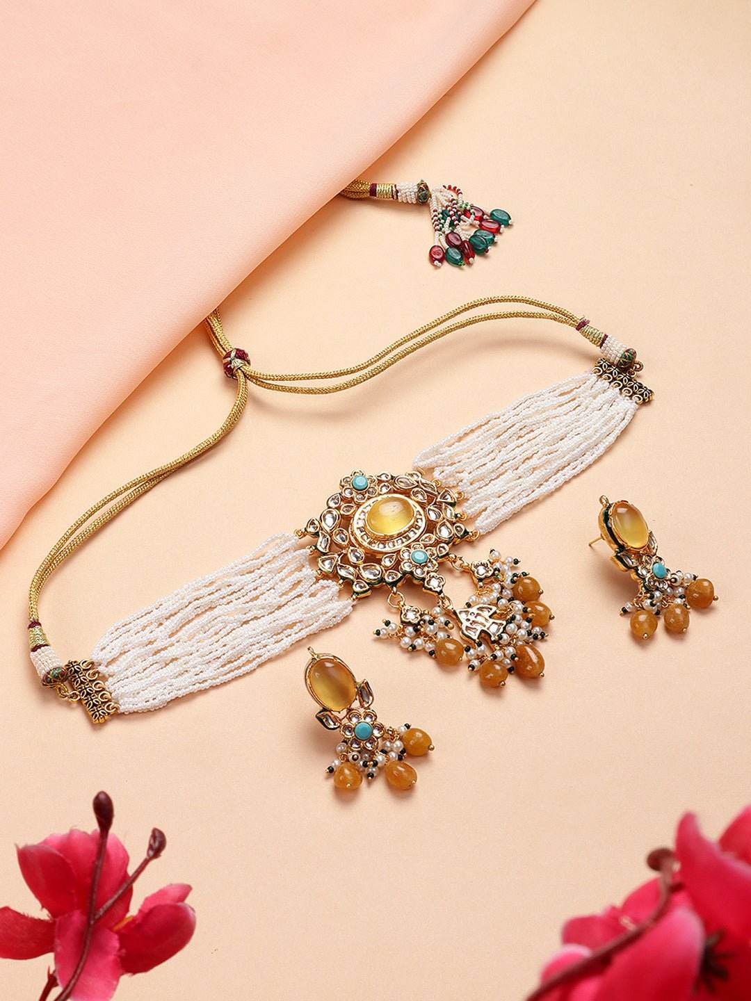 Gold Plated Yellow Kundan Traditional Choker Set For Women - Auraa Trends