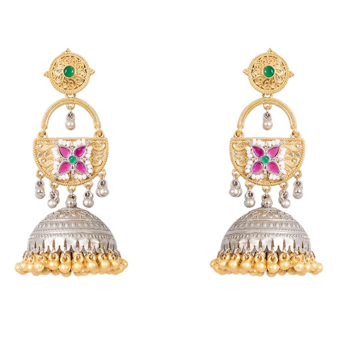 Gold & Silver - Plated Traditional Jhumka Earrings with Green & Pink Stone Detailing - Auraa Trends - Earrings - - Auraa Trends - Gold and silver - plated traditional jhumka earrings with green and pink floral stones, pearl drops, and dome - shaped oxidized base