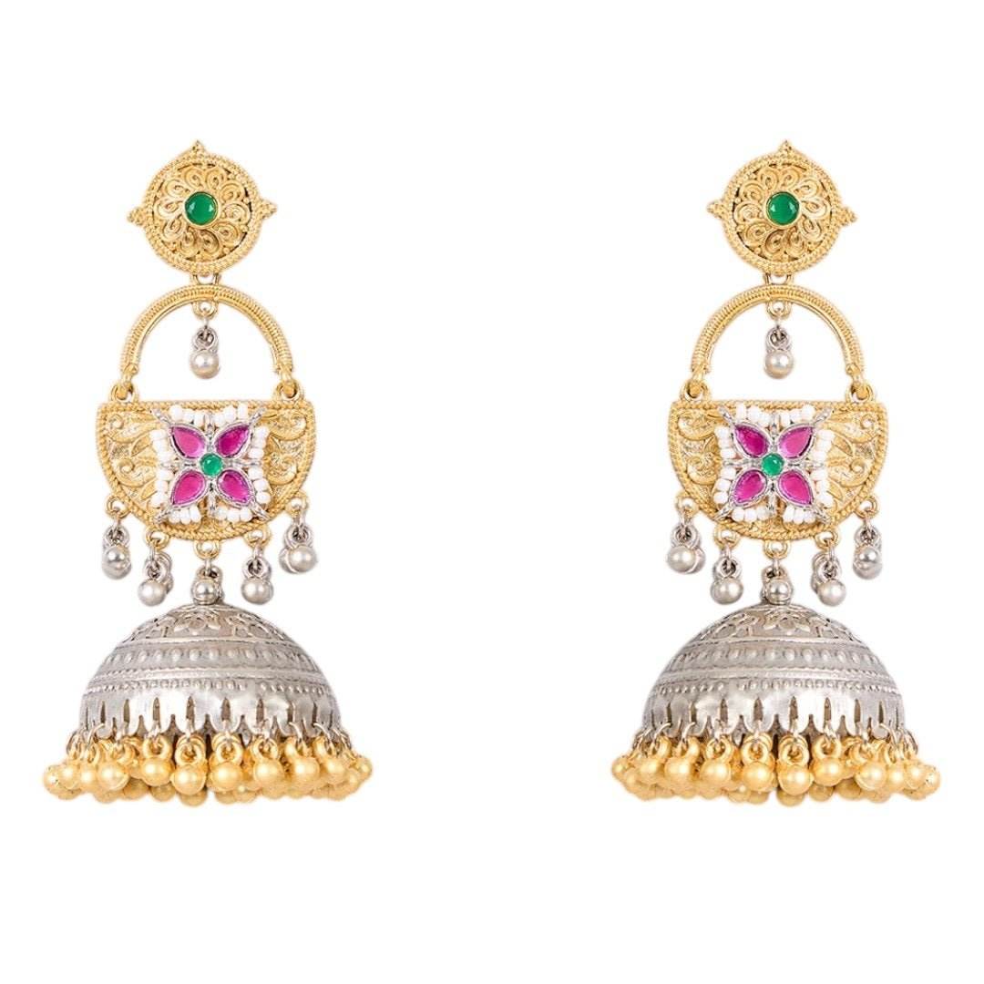 Gold & Silver-Plated Traditional Jhumka Earrings with Green & Pink Stone Detailing - Auraa Trends