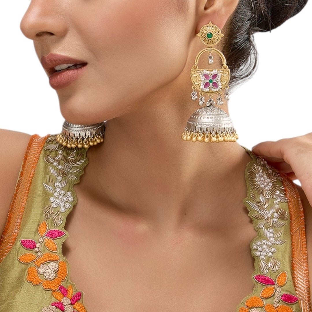 Gold & Silver - Plated Traditional Jhumka Earrings with Green & Pink Stone Detailing - Auraa Trends - Earrings - - Auraa Trends - Gold and silver - plated traditional jhumka earrings with green and pink floral stones, pearl drops, and dome - shaped oxidized base