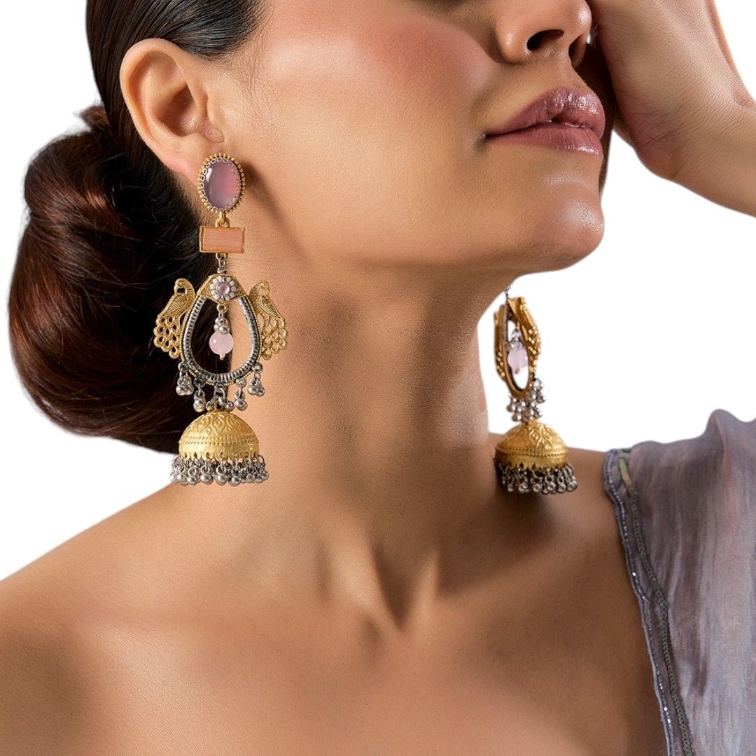 Gold - Tone Dual Peacock Jhumka Earrings with Pink Stone & Silver Ghungroo Drops - Auraa Trends - Earrings - - Auraa Trends - "Dual - tone gold and silver peacock motif jhumka earrings with pink stone and beads โ handcrafted traditional wear"