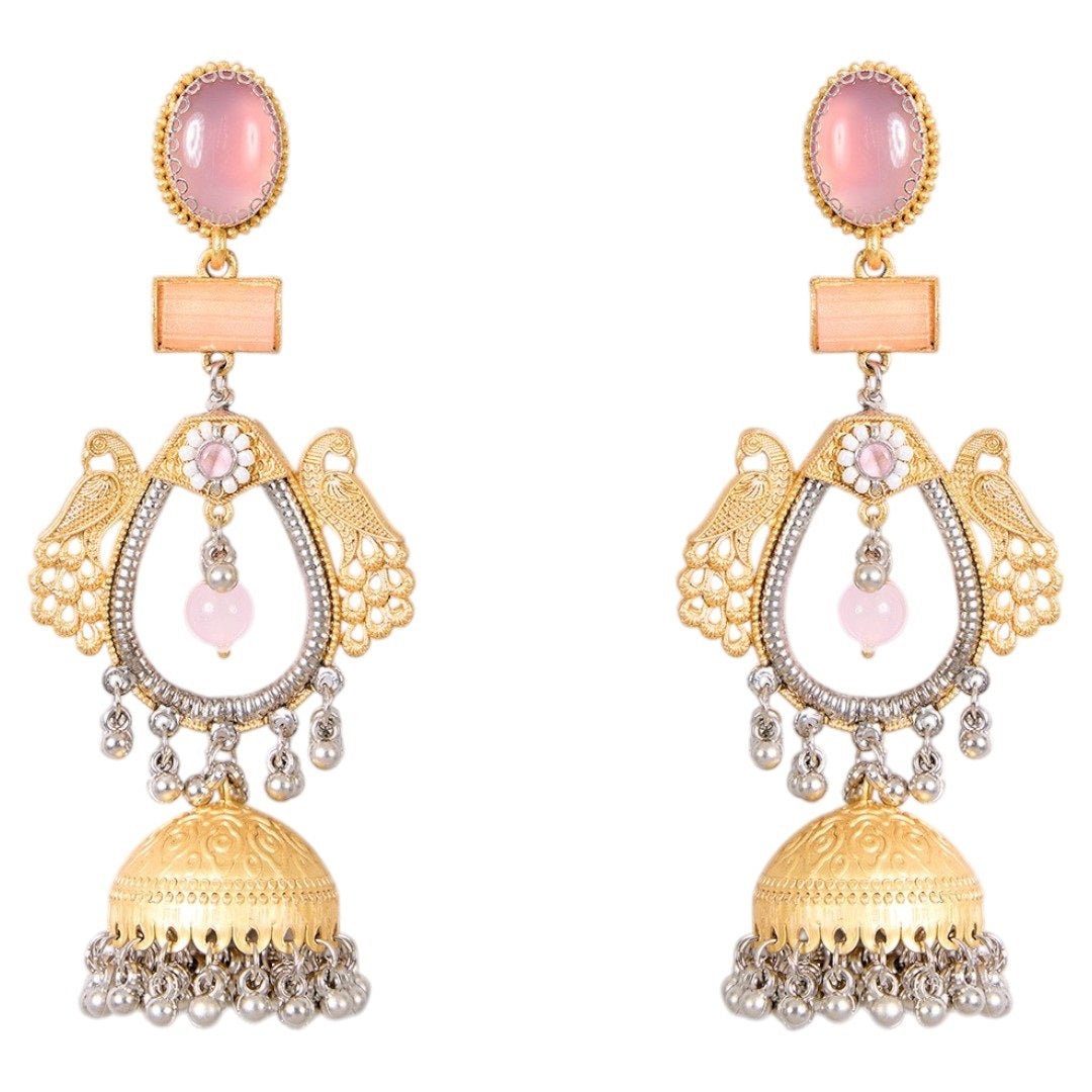 Gold - Tone Dual Peacock Jhumka Earrings with Pink Stone & Silver Ghungroo Drops - Auraa Trends - Earrings - - Auraa Trends - "Dual - tone gold and silver peacock motif jhumka earrings with pink stone and beads โ handcrafted traditional wear"