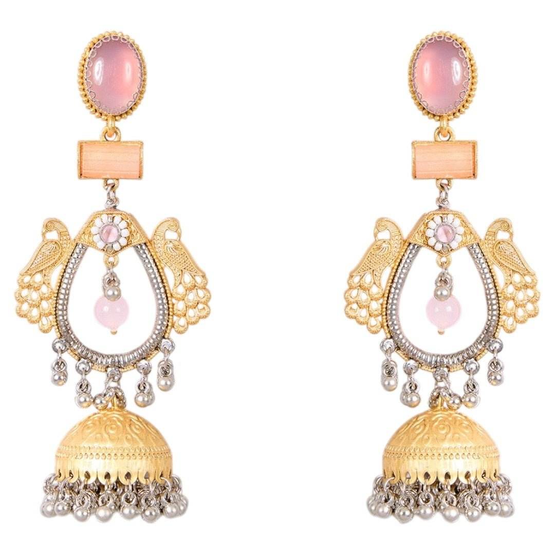 Gold-Tone Dual Peacock Jhumka Earrings with Pink Stone & Silver Ghungroo Drops - Auraa Trends