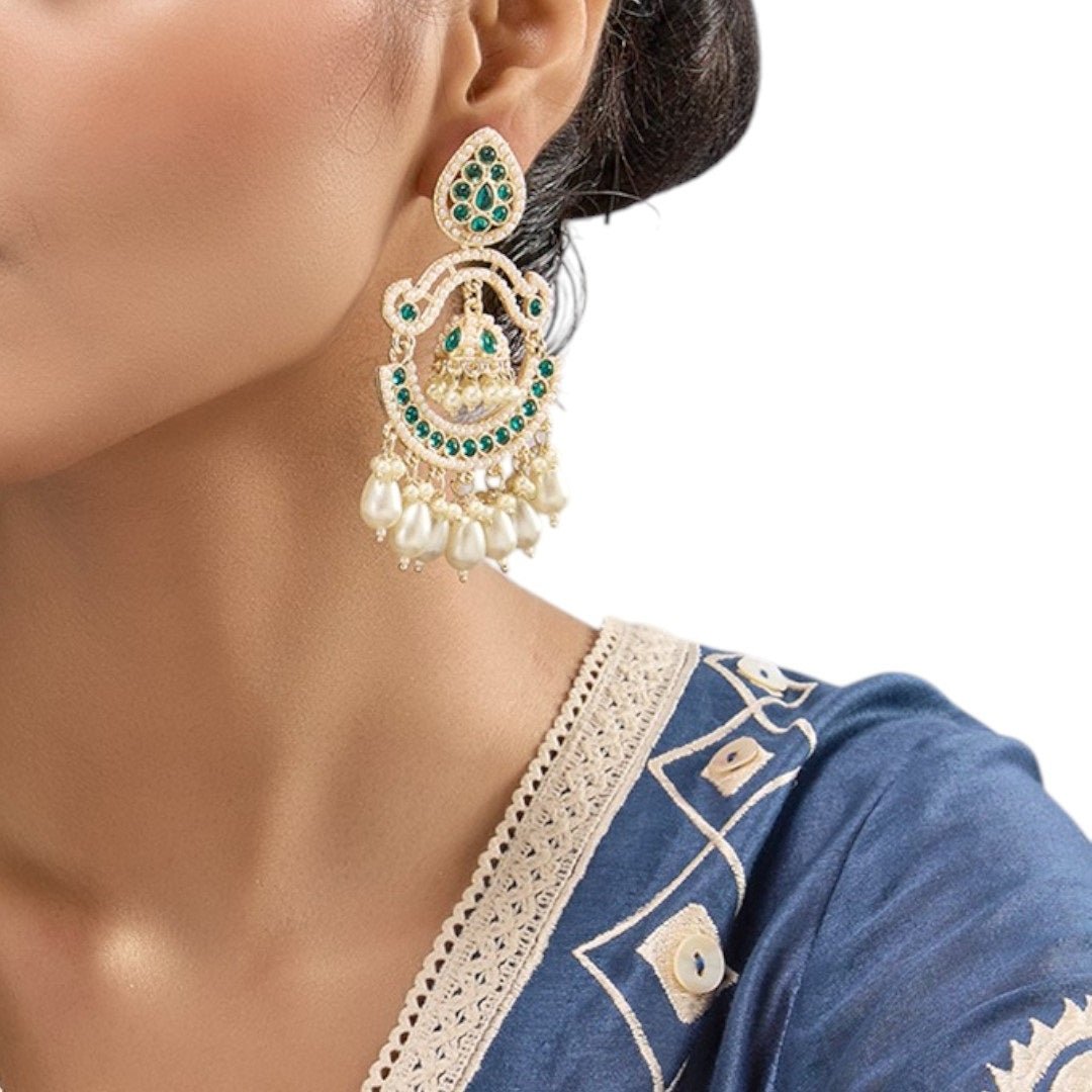 Gold - Tone Green Stone Chandbali Earrings with Pearl Drops & Mini Jhumka - Auraa Trends - Earrings - - Auraa Trends - "Gold - tone chandbali earrings with green stones, white pearl drops, and a central mini jhumka – traditional festive earrings for women."