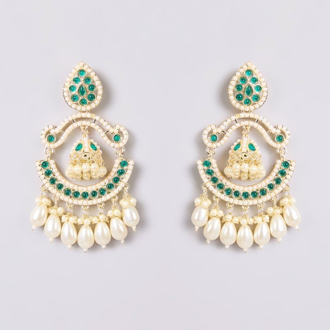 Gold - Tone Green Stone Chandbali Earrings with Pearl Drops & Mini Jhumka - Auraa Trends - Earrings - - Auraa Trends - "Gold - tone chandbali earrings with green stones, white pearl drops, and a central mini jhumka – traditional festive earrings for women."