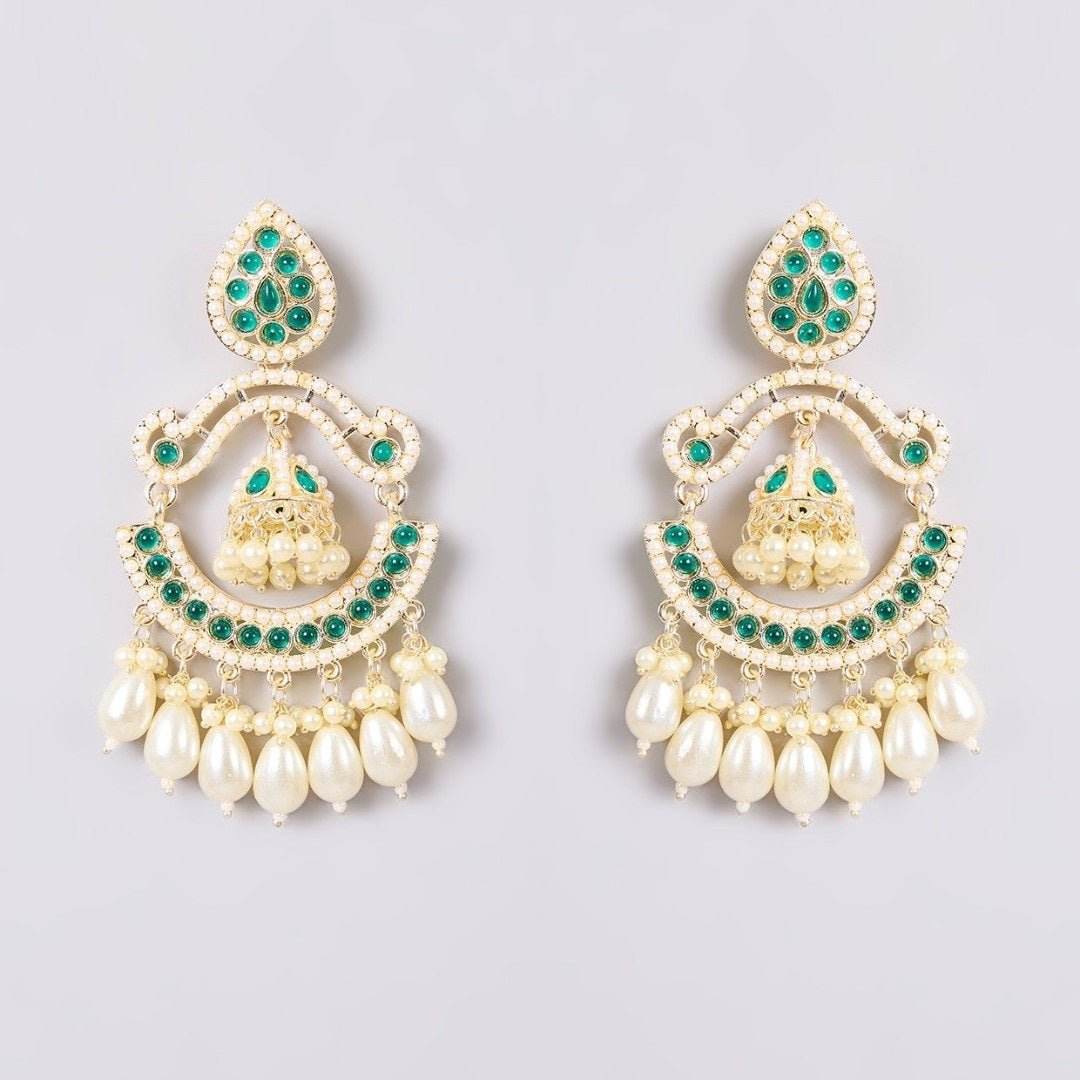 Gold-Tone Green Stone Chandbali Earrings with Pearl Drops & Mini Jhumka - Auraa Trends