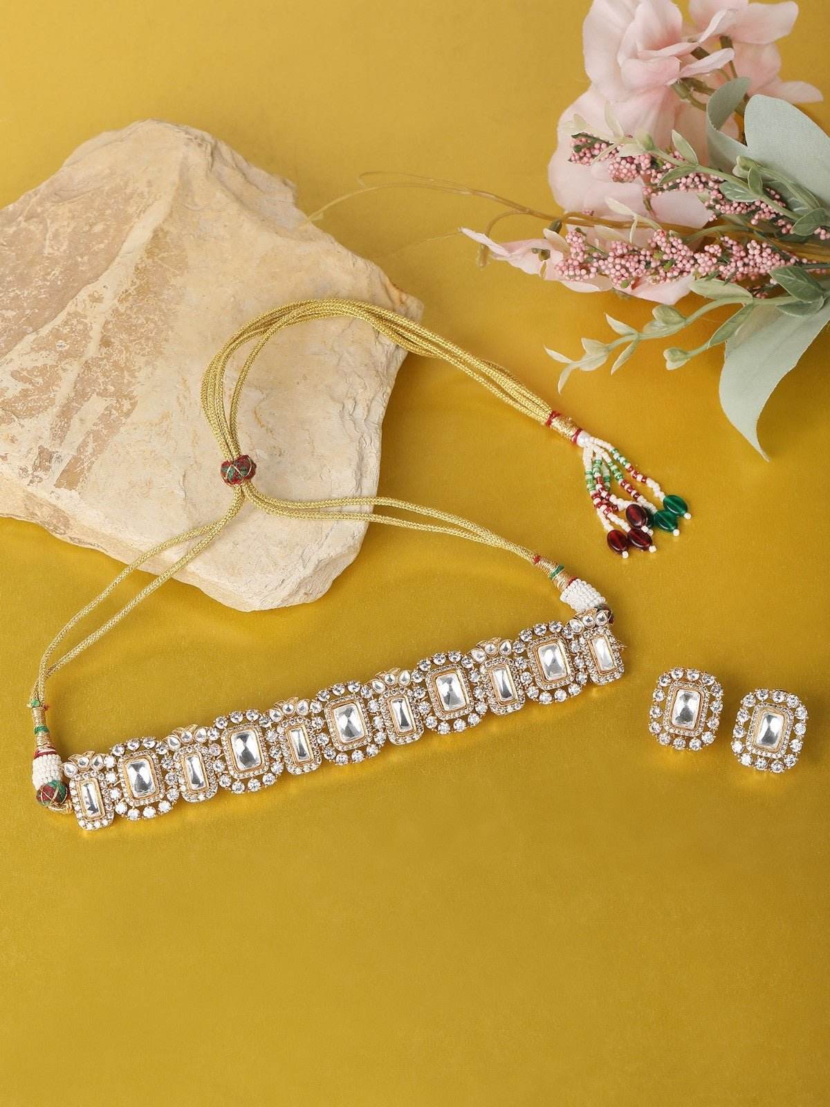 Gold Tone Moissanite Choker Necklace Set with Earrings - Auraa Trends