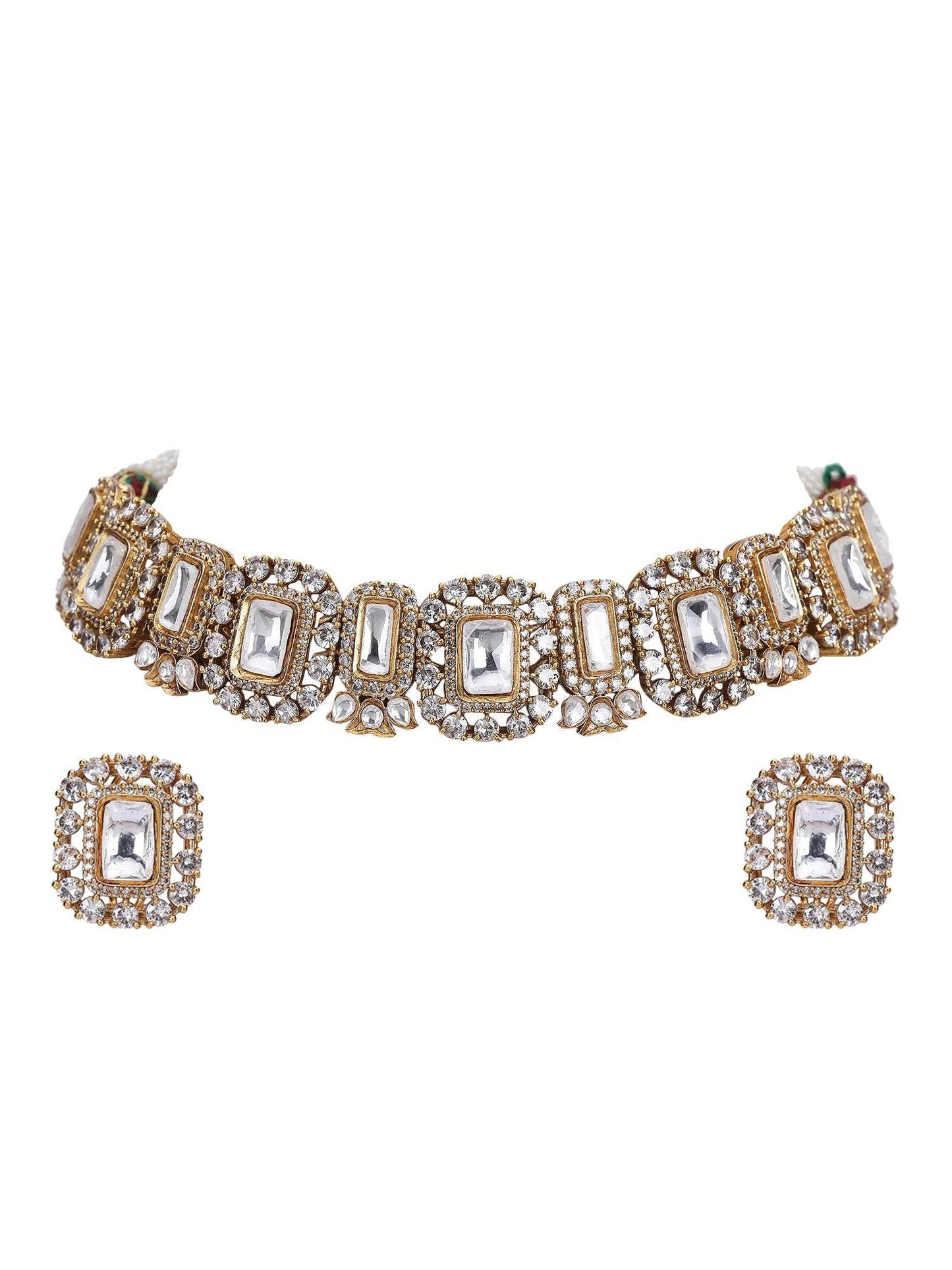 Gold Tone Moissanite Choker Necklace Set with Earrings - Auraa Trends
