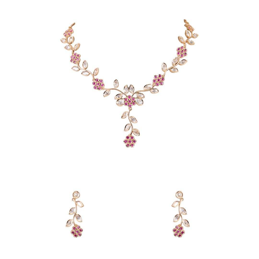 Gold-Toned Floral Kundan Necklace Set featuring Pink Stone Accents - Auraa Trends