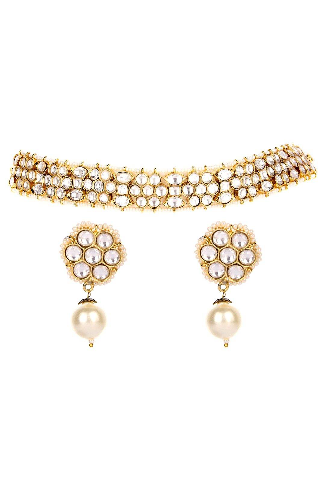 Gold-Toned Kundan Choker Necklace Set with Pearl Accents - Auraa Trends