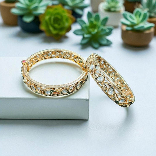 Gold-Toned Kundan Filigree Bangles with Teardrop Stones - Auraa Trends