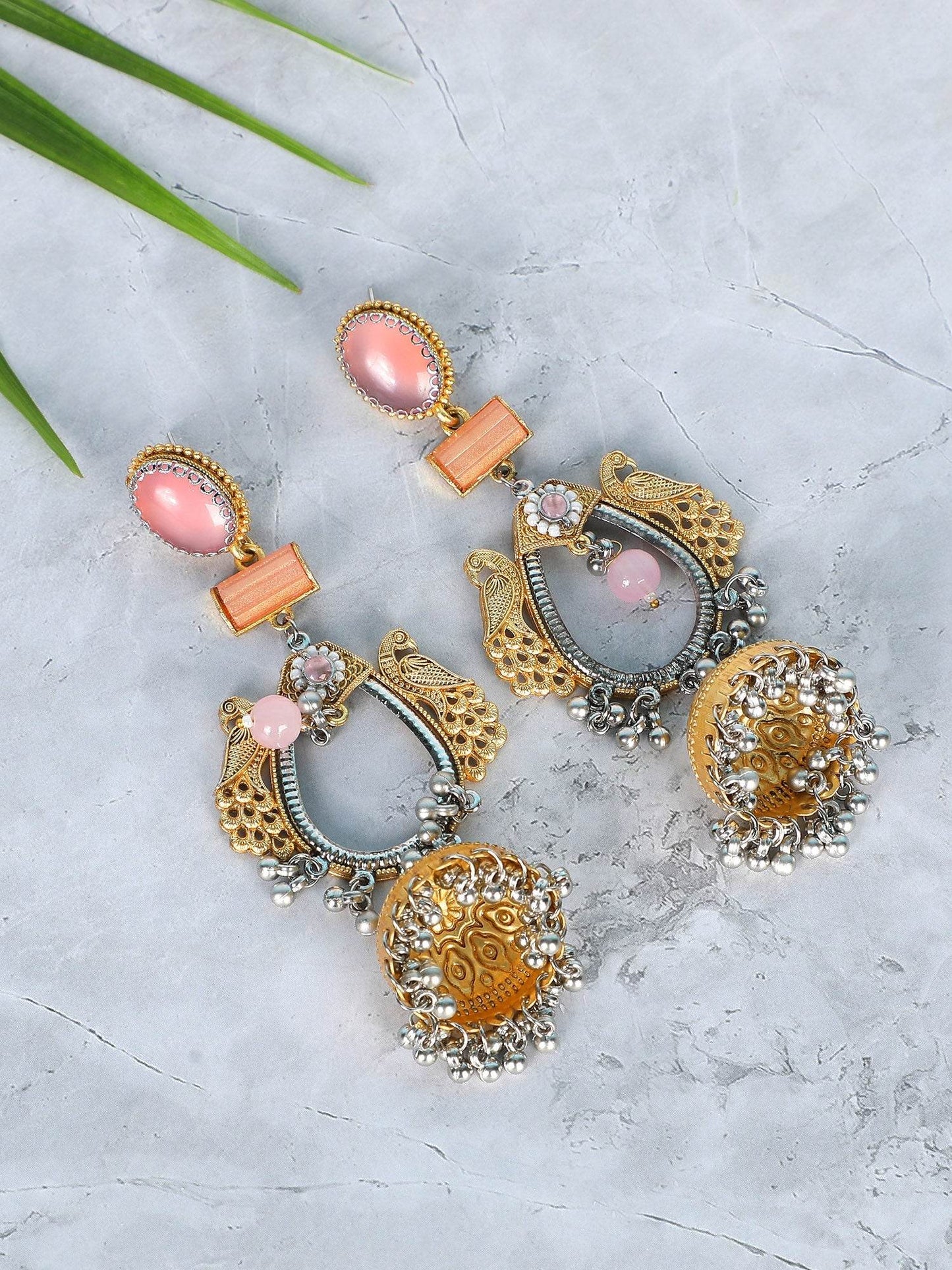 Gold-Toned Pink Dual-Metal Dangler Jhumka Earrings - Auraa Trends