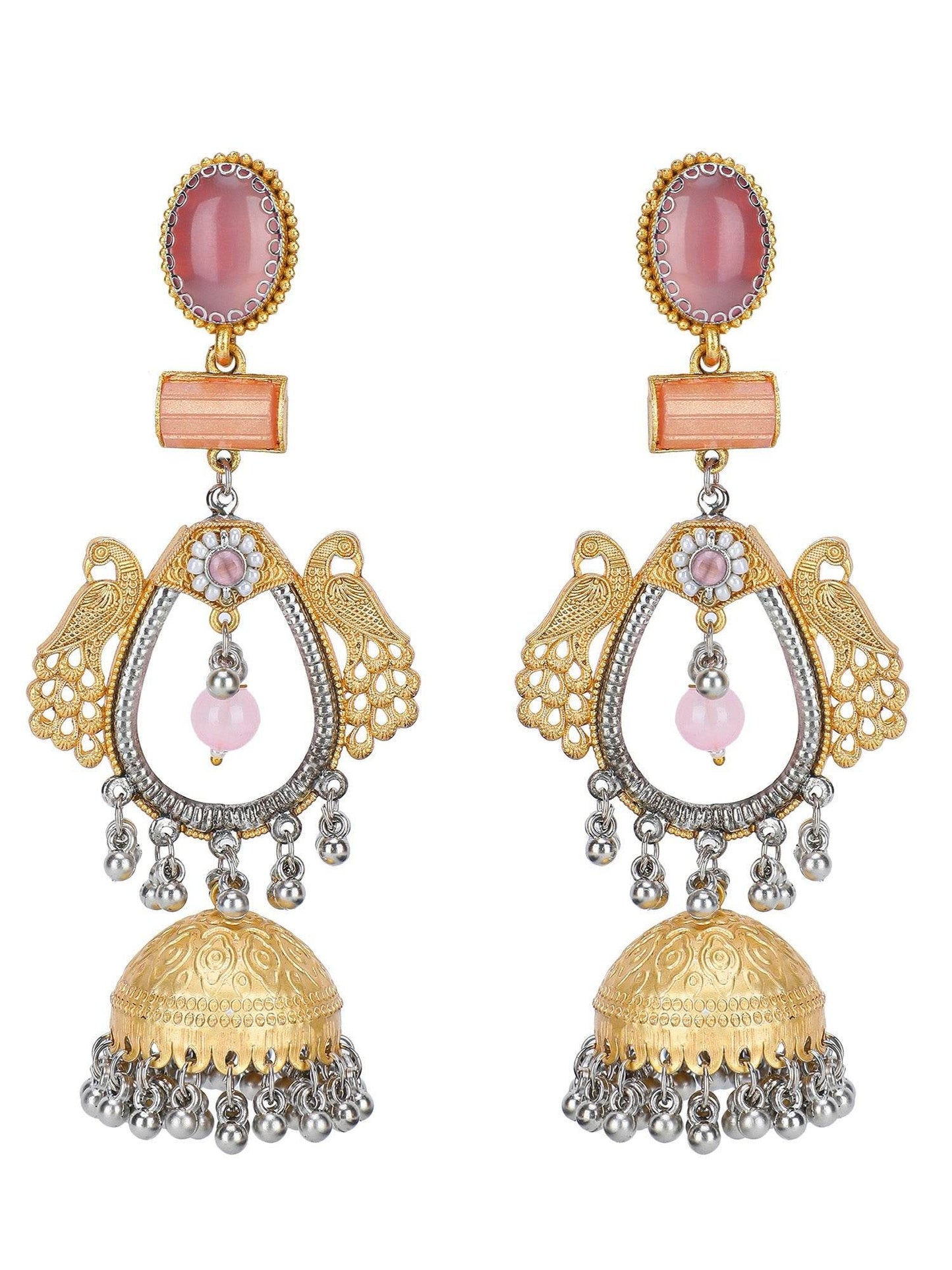 Gold-Toned Pink Dual-Metal Dangler Jhumka Earrings - Auraa Trends